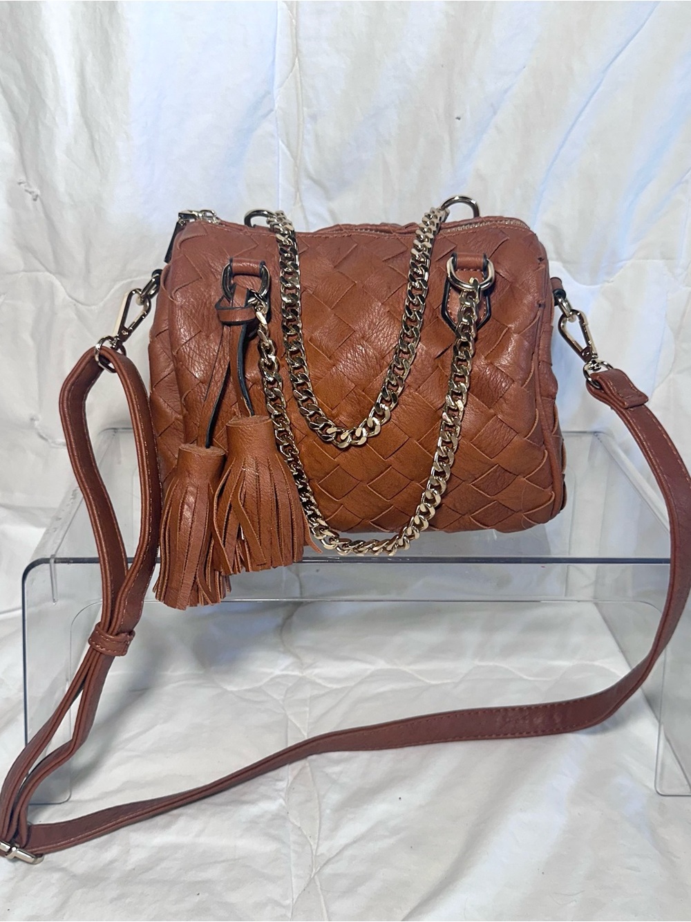 Madison West Woven Leather Crossbody with Tassels - Cognac Brown